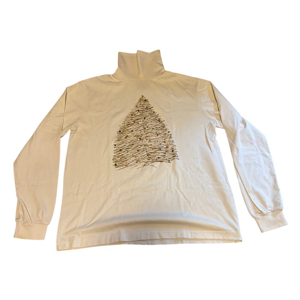 Vtg FotL Turtle Neck 90s Long Sleeve Christmas Gel Art Tree Shirt Large cot/poly
